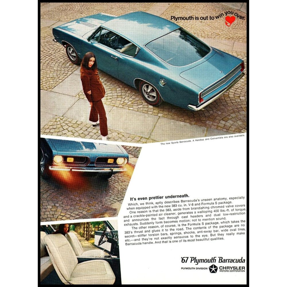 1967 Plymouth Sports Barracuda Hardtop Vintage Print Ad Cobblestones Wall Art 60